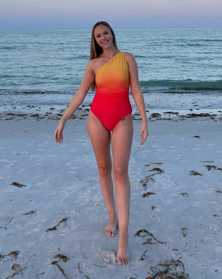 Fire Couple Swimwear One Shoulder Swimsuit & Trunk Set